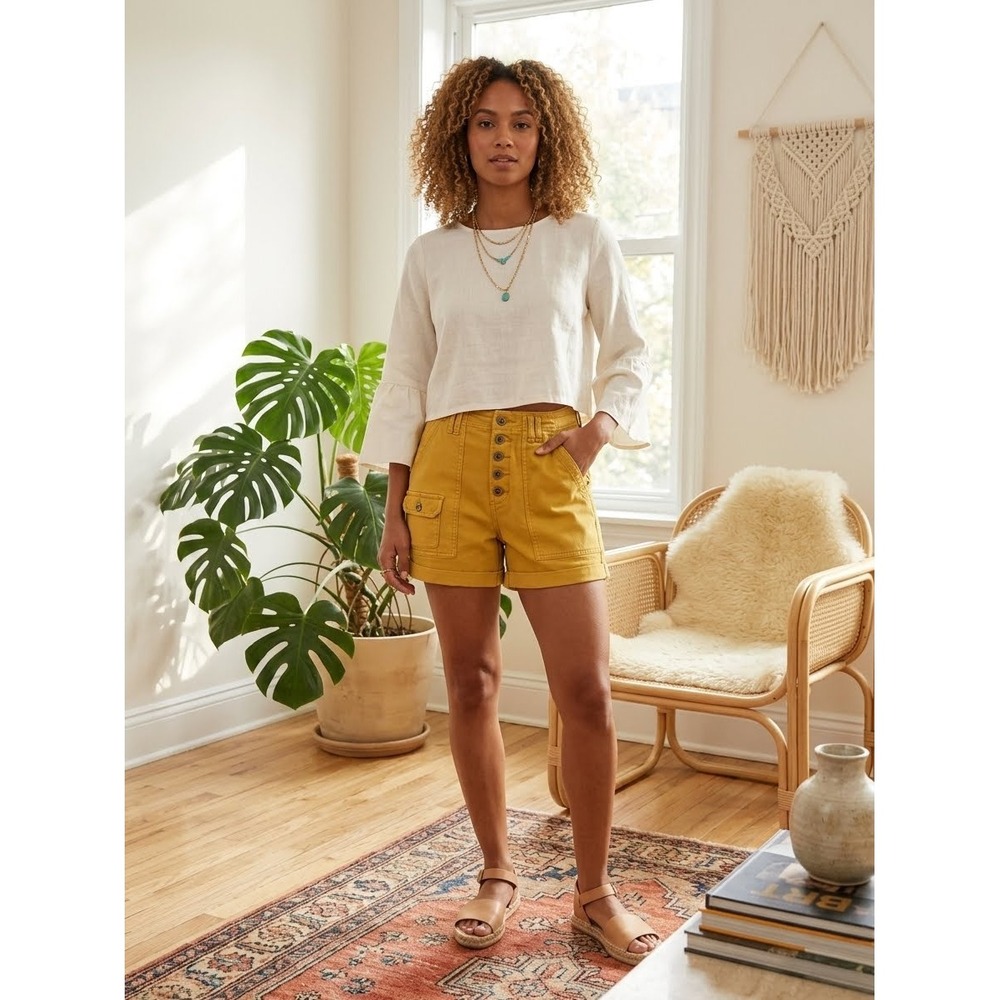 Pilcro Anthropologie Mustard High Rise Utility Shorts Button Fly Size 28